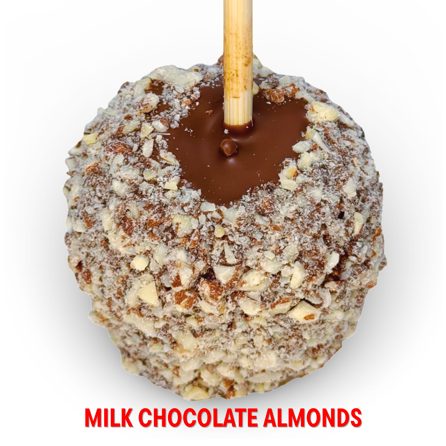 Milk chocolate caramel apple with almond crumble topping on white background.