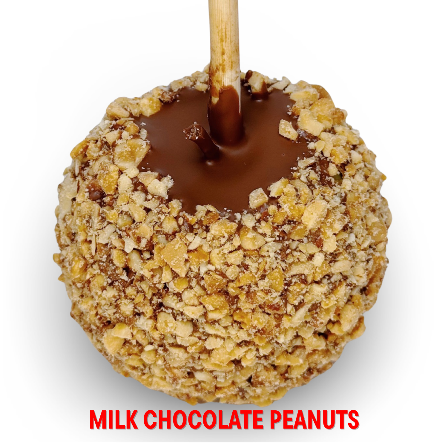 Milk chocolate caramel apple with peanut crumble topping on white background.